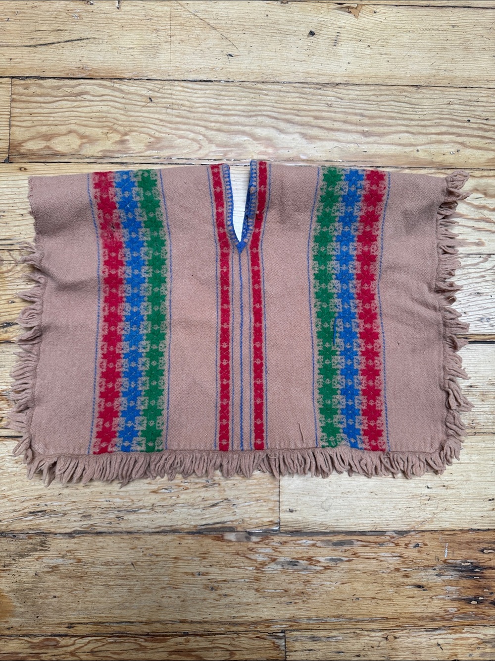 Kids Vintage Wool Striped Fringe Poncho in Taupe with Red, Green & Blue Accents